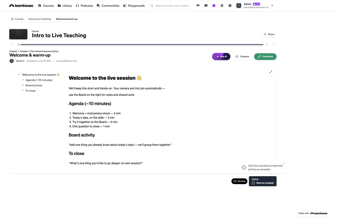 The Go live button sits in the lesson's action row, bottom-right beside Mark as complete